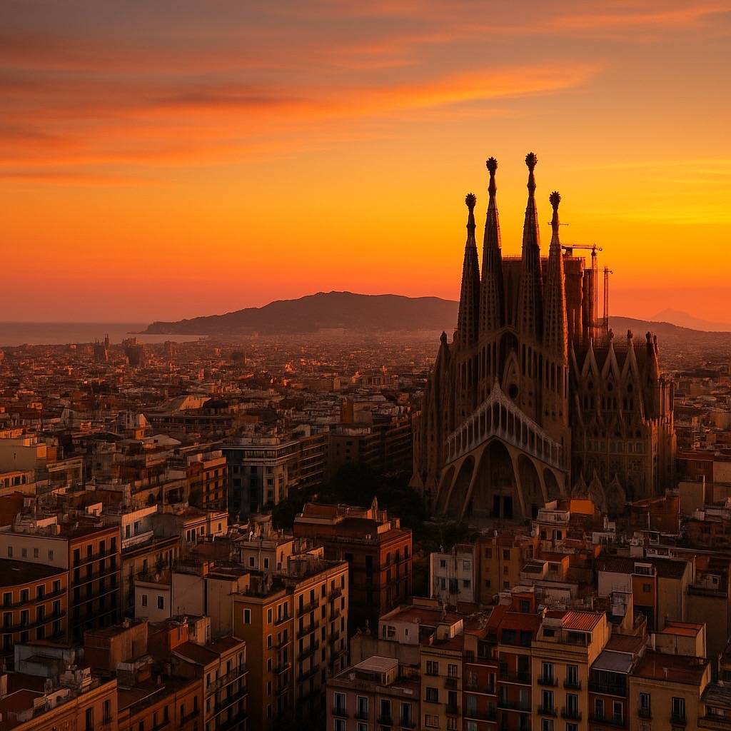 Panoramic view of Barcelona skyline at sunset with Sagrada Familia