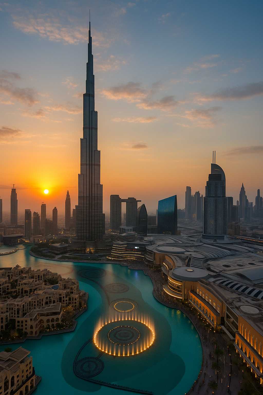 Dubai skyline at sunset with Burj Khalifa and downtown fountains
