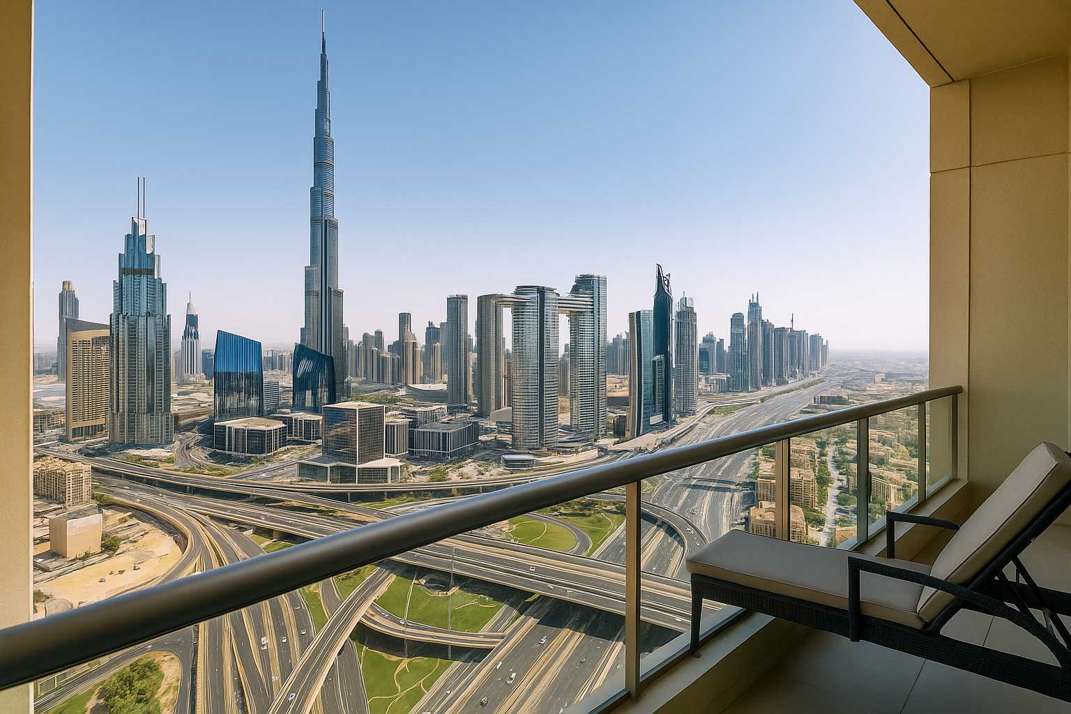 View from a Dubai hotel overlooking the city skyline
