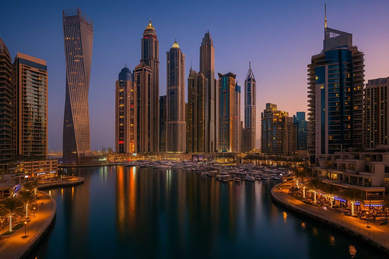 Dubai Marina skyline and JBR beach in the evening