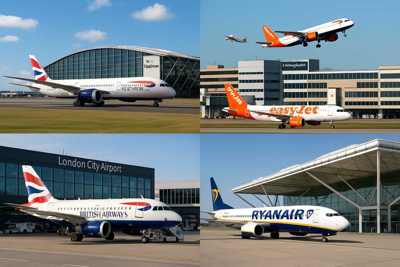 Collage of London airports Heathrow, Gatwick, Stansted and Luton